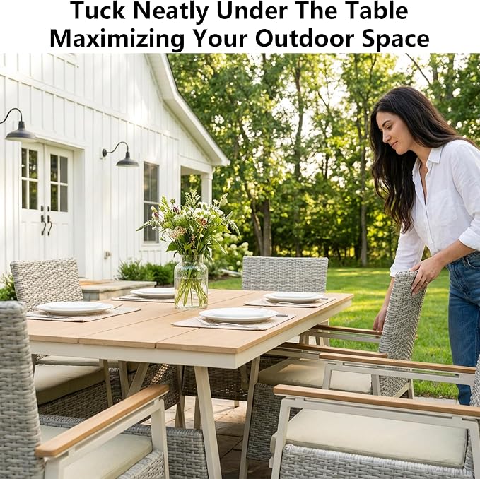 Outdoor Dining Table Set for 6, Rattan Patio Dining Sets with Waterproof Cushions, 7 Piece Patio Table and Chairs Set, Rectangular Dining Table and Patio Chairs for Porch/Deck/Yard, Green