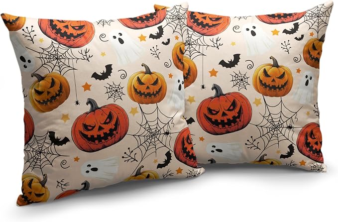 Halloween Pillow Covers 16x16 Set of 2 Jack-O-Lantern Bat Spider Web Ghost Throw Pillow Covers Horror Pumpkin Pillowcase Holiday Decor Cushion Case for Party Outdoor Sofa