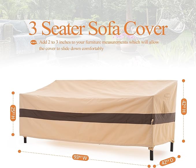 WJ-X3 3-Seater Patio Sofa Cover Waterproof, Heavy Duty Lawn Couch Cover UV Resistant, Porch Furniture Sets Cover Anti-Fading, High Wind Resistant, 93W x 42D x 42H Inches, Beige & Coffee