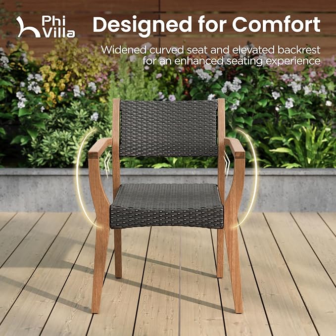 PHI VILLA Patio Acacia Wood Dining Chairs w/Wicker Back & Seat, 2PCS | Teak farmhouse armchairs for outdoor deck, porch, backyard