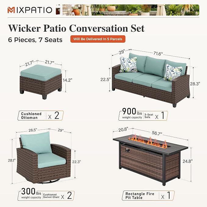 MIXPATIO Swivel Glide Patio Furniture Set, 6 Pcs Wicker Outdoor Conversation Set, 2 x Swivel Chairs, 1 x 3 Seater Sofa and 2 x Ottoman with 4" Thick Cushion and 56" Fire Pit Table, Blue