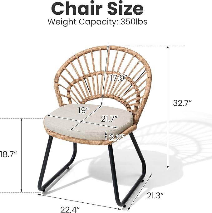 Boho Patio Dining Chairs Set of 2, Hand-Woven Rattan Outdoor Chair | Shell Shaped Back with 2.6” Beige Thick Soft Cushion, Sled Metal Frame Patio Side Chairs for Garden Backyard Porch