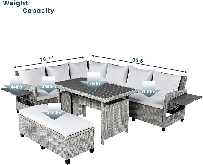 Polibi 5-Piece Outdoor Sectional Conversation Set Sofa, Rattan Wicker L-Shaped Patio Furniture Sets with 2 Extendable Side Tables, Patio Dining Table,Patio Benches for Outdoors,White