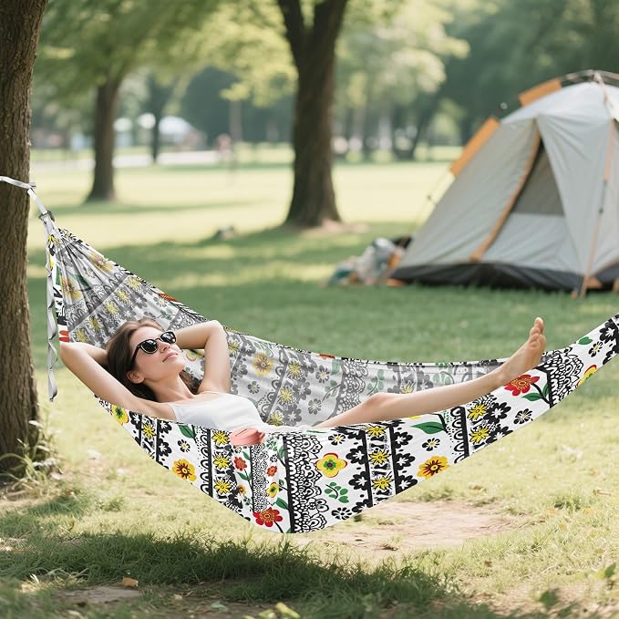 Camping Hammock Outdoor Hammocks for Outside Flower Black White Beach Trees Portable Lightweight with Pockets Tree Straps Indoor