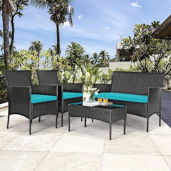 HAPPYGRILL 8-Piece Patio Furniture Set Rattan Wicker Conversation Set with Tempered Glass Top Table, Outdoor Wicker Sofa Set with Removable Cushions for Poolside Garden Backyard