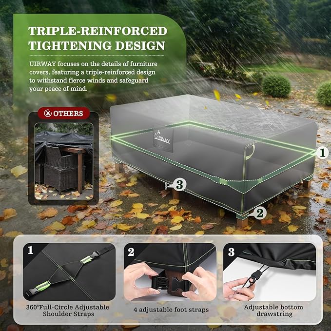 UIRWAY 600D Heavy Duty Patio Furniture Covers-Upgraded 5 Layers Tough Oxford Fabric Waterproof Outdoor Table Cover for Table and Chairs with Triple-Layer Windproof Design Fits 74" L × 47" W × 28" H