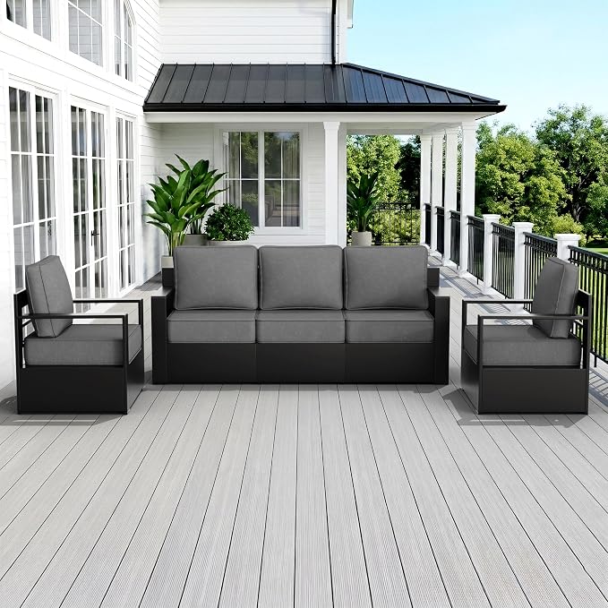 Outdoor Patio Furniture Set, 3-Piece Aluminum Patio Conversation Set All-Weather Metal Outdoor Sectional with 6 Inch Thick Cushions, Deep Setting for Garden, Outside and Porch, Grey