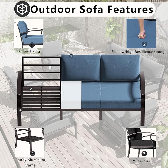 Patio Furniture Set 6-Piece Aluminum Armrest Sofa, All-Weather Patio Conversation Set with Tempered Glass Top Table & Removable Sponge Cushions for Backyard Poolside