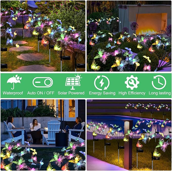 MRHEPHAESTUS Solar Garden Butterfly Lights, 4 Pack 48 LED Solar Swaying Lights, 7 Color Changing Waterproof Firefly Light Outdoor Fairy Light for Garden Patio Yard Pathway Flower Bed Decoration