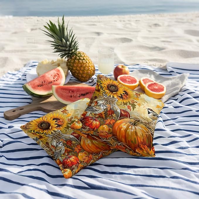 Fall Pumpkins Outdoor Pillow Covers 24x24 Inch Throw Pillow Covers Set of 2 Waterproof Decorative Pillow Cases Sunflowers Birds Thanksgiving Oil Painting Cushion Covers for Patio Furniture Garden