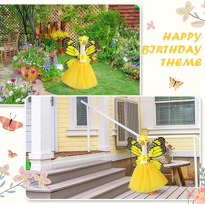 5pcs Butterfly Porch Goose Outfit Costume Tutu Skirt Butterfly Wing Wand Flower Crown for 17‘' 23‘' Cement Goose