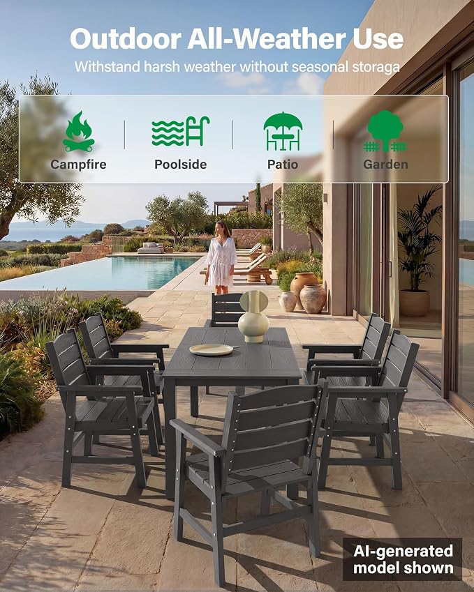 YEFU 7-Piece Patio Dining Sets: All-Weather Outdoor Table and Chairs Outside Furniture with Umbrella Hole & Aluminum Frame - HIPS Modern Patio Dining Set for 6 for Family Gatherings in Deck/Pool Grey