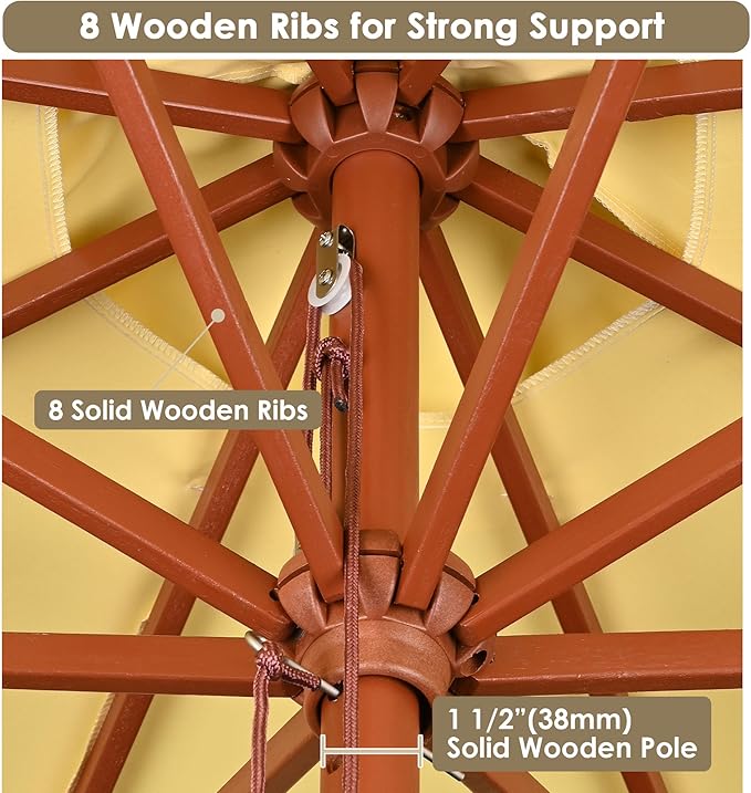 9 Ft Wooden Patio Umbrella 8 Ribs Table Parasol Rope Pulley Outdoor Garden Yard