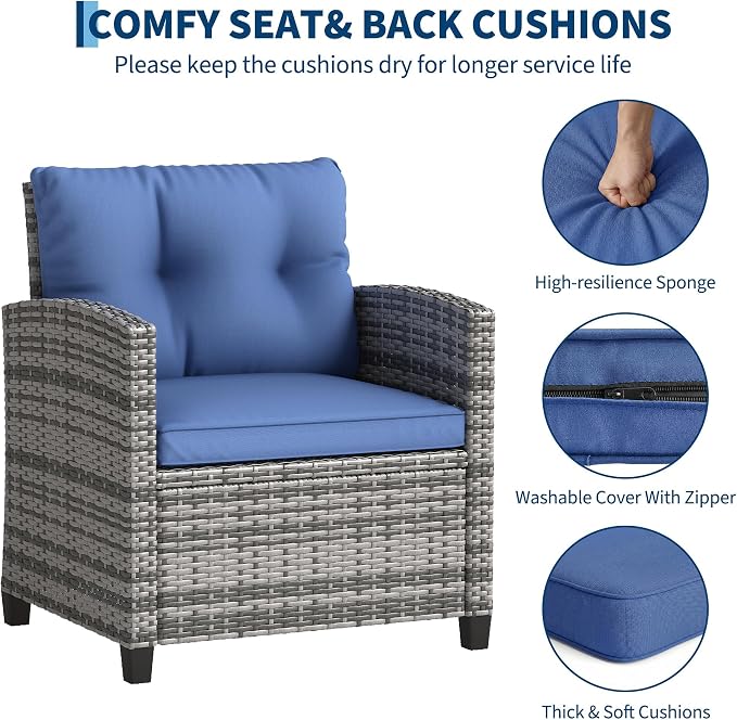 GarveeHome 3-Piece Outdoor Wicker Sofa Set, PE Rattan Patio Furniture with Removable Washable Blue Cushions & Tempered Glass Table, Conversation Seating for Garden, Poolside, Balcony, Gray Wicker