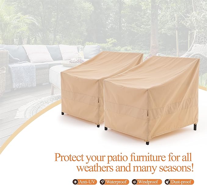 WJ-X3 Patio Chair Covers, Heavy Duty Waterproof Outdoor Patio Furniture Covers for Outdoor Chairs, Adirondack Chairs, Tolix Chairs, Beige, 34"W x 36"D x 36"H, 2 Pack