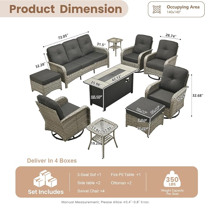 HOOOWOOO Outdoor Patio Furniture Set with Fire Pit Table,10 Pieces Wicker Conversation Set,All Weather High Back Couch Sofa Swivel Chairs Ottomans Ottomans Set,Black