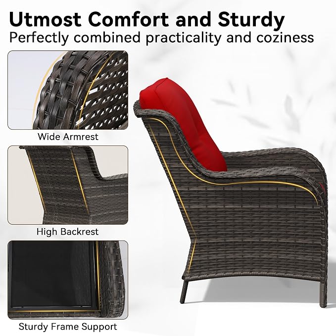 7 Piece Outdoor Wicker Patio Furniture Set, Patio Chairs Set with Thickened Olefin Cushions, High Back and Deep Seating, Hand-Woven PE Rattan, Ottoman for Porch, Deck