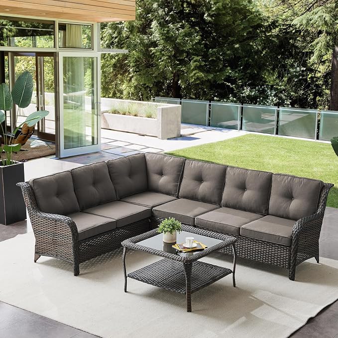 Belord Patio Furniture Set 6 Seats, Oversized Outdoor Sectional Couch, Two 3-Seater Sofas with Coffee Table, Patio Conversation Sets,Ideal for Porch, Deck, Brown Wicker/Gray