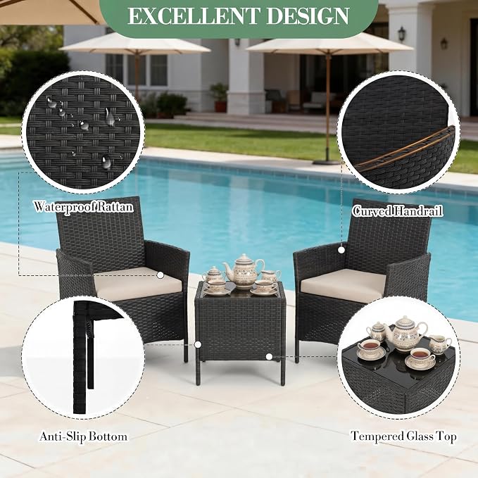 3 Piece Patio Furniture Set, Outdoor Patio Wicker Sofa Set with Upholstery and Glass Storage Coffee Table, All Weather Conversation Rattan Set for Garden, Porch, Lawn, Pool, Black+White
