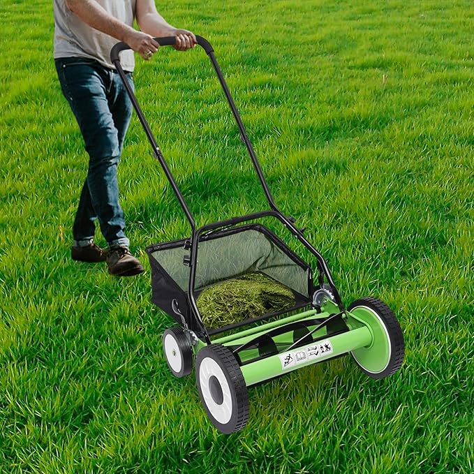 16 inch Push Reel Lawn Mower with Grass Catcher Green Black Lawn Sweeper with Collection Box Adjustable Height Manual Push Lawn Mower 5-Blade Lawnmower for Gardens Lawns (16" Green Black)