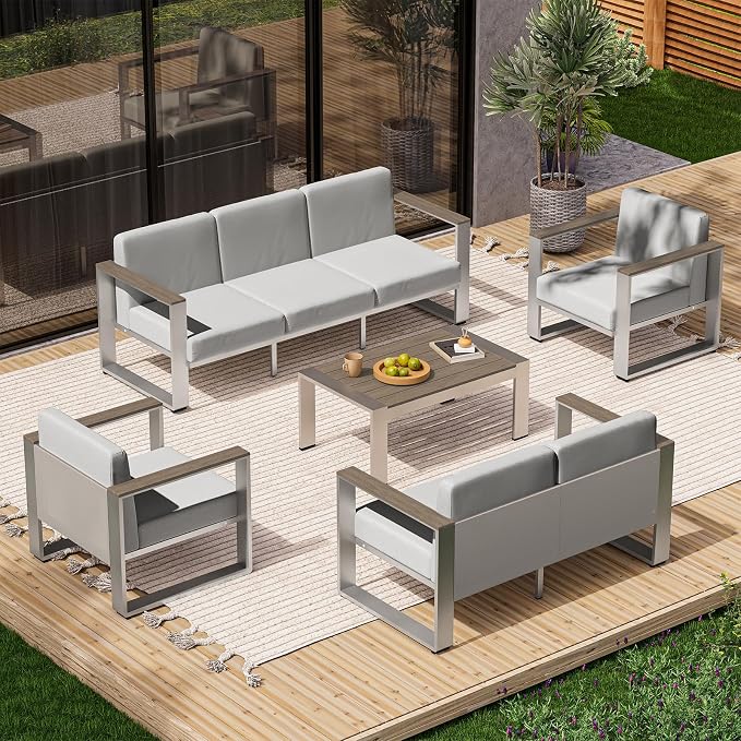 Aluminum Outdoor Patio Furniture Set, 7 Seats Outdoor Patio Conversation Sets with Ergonomic Seat and Wide Washable Thick Cushions, Modern Patio Sectional Furniture for Balcony, Porch (Gray)