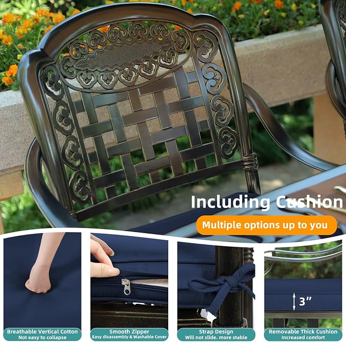 MEETWARM 5-Piece Outdoor Patio Dining Set, All-Weather Cast Aluminum Patio Conversation Set with 4 Cushions Swivel Rocker Chairs for Backyard Garden Deck and 38.5" Round Table, Navy Blue