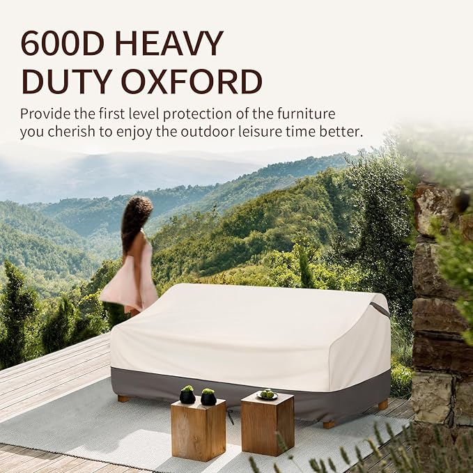 Waterproof Patio Sofa Loveseat Cover—600D Oxford Heavy-Duty Outdoor Furniture Protector, UV & Wind Resistant with Secure Buckles and Air Vents, Fits up to 62"W x 38"D x 35"H (Beige/Grey)