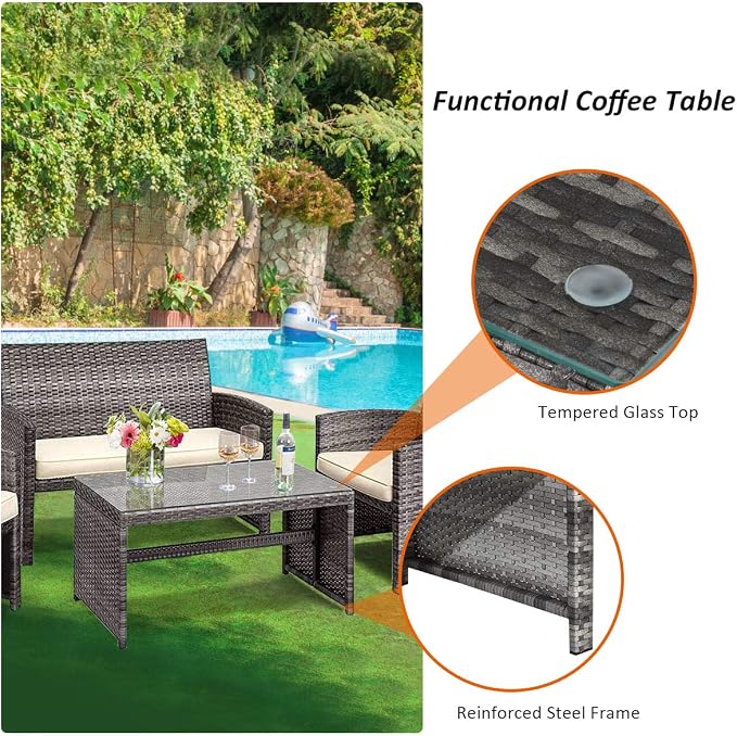 Goplus Rattan Patio Furniture Set 4 Pieces, Outdoor Wicker Conversation Sofa and Table Set with Soft Cushions & Tempered Glass Coffee Table for Balcony Garden Backyard (Beige(Mixed Color Wicker))