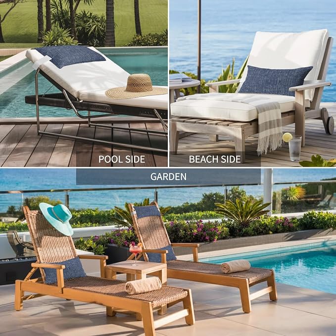 Outdoor Lumbar Pillow Set of 1, Navy Blue Waterproof Beach Headrest Pillow with Inserts, Farmhouse Vintage Blue Solid Color Modern Recliner Throw Pillows for Patio Furniture, 11 x 16