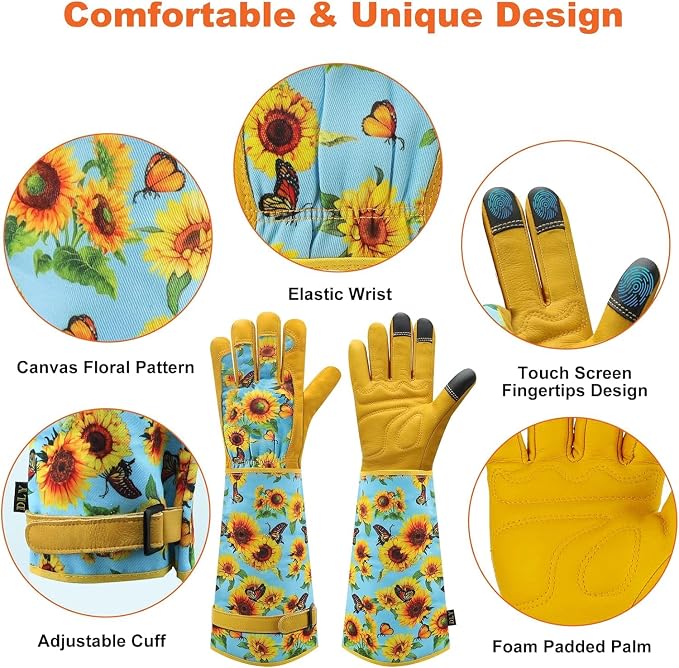 DLY Garden Gloves for Women,Gardening Gloves,Gardening Gift for Lady,Blue,S | Thornproof Cowhide Palm, Foam-Padded Grip, Long Sunflower Print Cuff, 3-Finger Touchscreen, Rose Pruning, Weeding & Yard Work