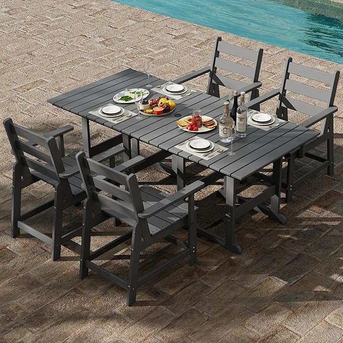 GREENVINES 5-Piece-Outdoor-Table-and-Chairs | HDPE | Patio Furniture | Slatted Dining Sets for 4 | Removable Armrests | Connectable Tables | All Weather | for Backyard Poolside Garden | Grey