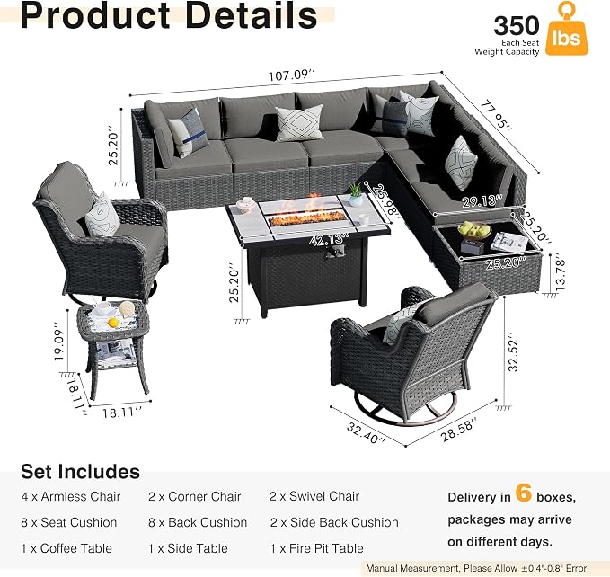 HOOOWOOO Outdoor Patio Furniture with Fire Pit Set 11 Pieces Patio Set with Fire Pit Wicker Outdoor Furniture with Fire Pit Table Set Patio Sectional Set with Swivel Chairs,Black