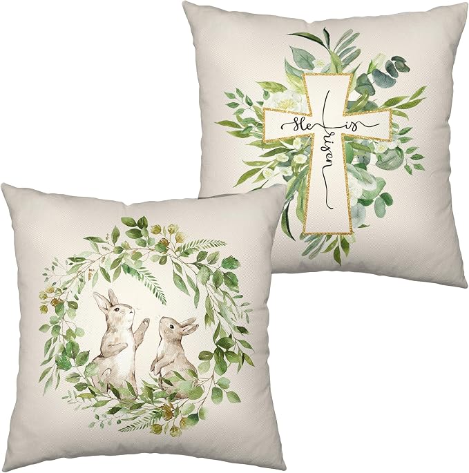 Easter Throw Pillow Covers Set of 2 Spring Wreath Garland Bunny Pillow Protectors He is Risen Cross Decorative Pillow Case 22x22 for Easter Decorations Couch Patio