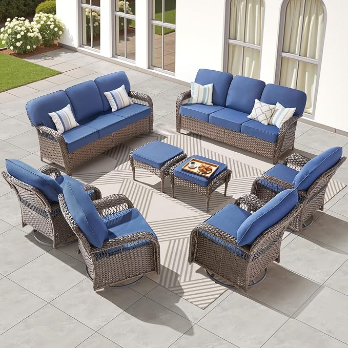 8 PCS Patio Furniture Set Outdoor Sectional Sofa Couch with Rocking Swivel Chairs 5" Deep Seat Chairs, Modern Wicker Rattan Conversation Set, Blue/Brown Wicker