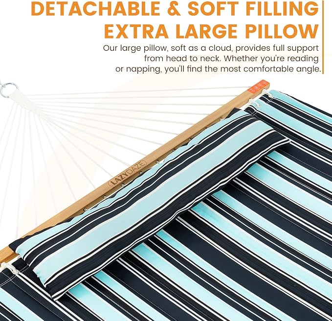Lazy Daze Hammocks 10.5FT 2 Person Double Quilted Fabric Hammock with Spreader Bar, Detachable Pillow, Side Pocket, Carabiners, Chains, Straps for Outdoor, 450lbs Capacity, Aqua Navy
