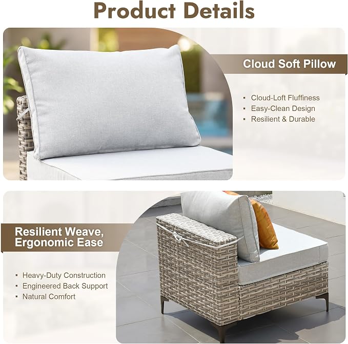 8 Pieces Outdoor Sectional Patio Furniture Set with Swivel Rocking Chairs,Conversation Sets Rattan Wicker L Shaped Couch,Modular Outdoor Sofa for Porch Balcony Backyard Grey