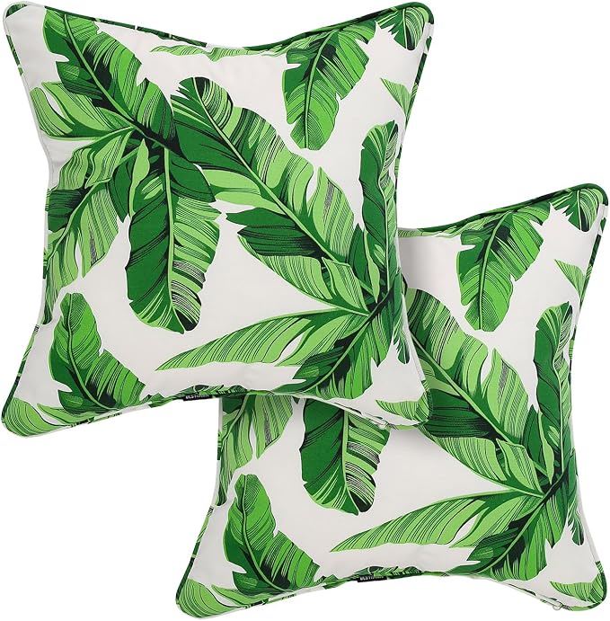 Outdoor Throw Pillow Covers 20x20 Inch, Set of 2, Cover Only! Waterproof Fade Resistant Decorative Cushion Sham Pillow Cases for Patio Furniture Chair Couch Sofa - Green Leaves White