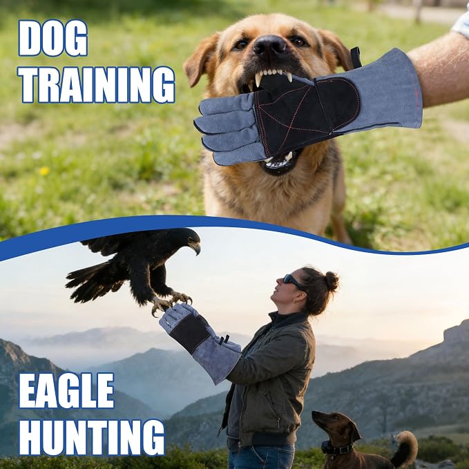 IC ICLOVER Animal Handling Gloves, Snake Bite Proof Gloves, Double Leather | Cat, Dog Training, Bird, Falconry, Snake Reptile Handling, Animal Control, Reinforced Palm Padded, Anti Bite Scratch Gloves
