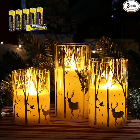 Rhytsing Silver Reindeer Design Glass Battery Operated LED Candles with 6H Timer, Christmas Flameless Candles with Warm White Light, Batteries Included - Set of 3