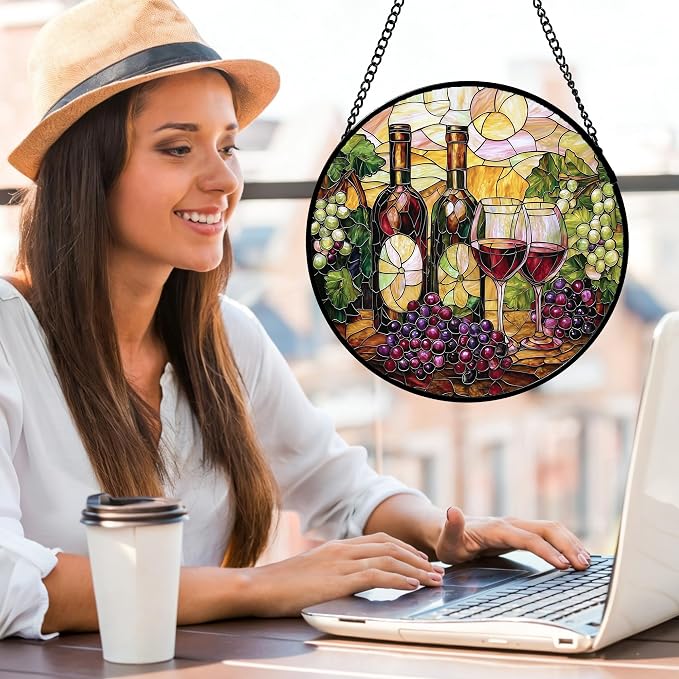 DASTOLL Stained Glass Window Hanging, Grapes and Wine Suncatcher Diamond Glass Panel Hangings Sun Catchers Decor for Birthday for Women, Men, Wife, Aunt, and Mom 11.8x11.8 in