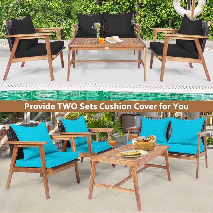 Tangkula 8-Piece Patio Furniture Set, Outdoor Acacia Wood Conversation Set with Cushions and Coffee Table, Turquoise & Black Cushion Cover Sets, Outdoor PE Wicker Sectional Sofa Set for Backyard