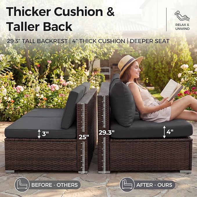 NICESOUL Extra Large Size Patio Furniture Set with Firepit Natural Gas/Propane, 6 Seater Modern Luxury Outdoor Sofa Set, 29.3'' High Backrest Backyard Sitting, Brown Rattan and Dark Grey Cushion
