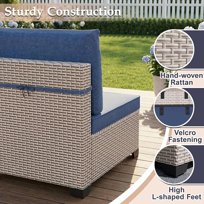 Patio Furniture Set, 14-Piece Outdoor Sectional Sofa with 2-Layer Glass Coffee Table, Wicker Patio Conversation Set with Blue Cushions for Backyard, Poolside, Porch