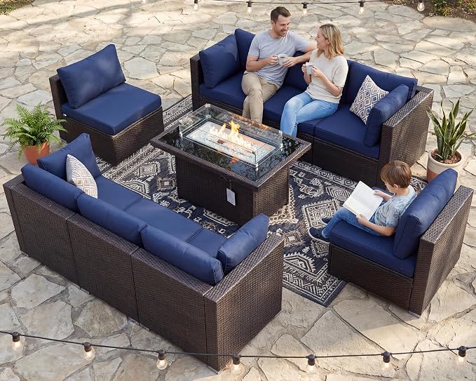 BULEXYARD 9 Pcs High Back Outdoor Sectional Set with Firepit Table, Luxury Patio Furniture Seating Set, Oversized Wide Deep Modular 8-Seater Couch Sofa for Backyard, Brown Wicker & Navy Blue Cushion