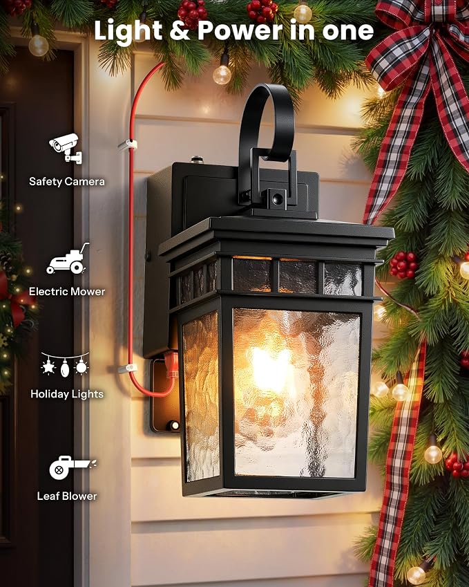 Gleamz 2 Pack Black Outdoor Wall Lights with GFCI Outlet, Dusk to Dawn Outdoor Lighting with Water-Ripple Glass, Anti-Rust Porch Lights for House, Garage, or Patio, 100% Aluminum, Waterproof