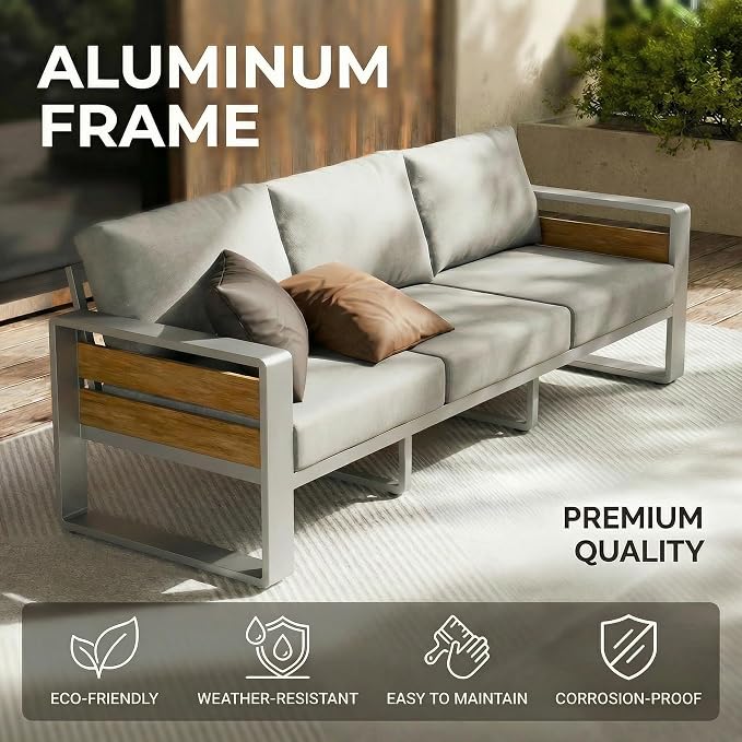 ZANDOR Aluminum Outdoor Patio Furniture-3-Seat with Table,Sliver | Rustproof,High weight capacity,Water-repellent,Washable Cover,All-Weather Resistant,Easy clean,for Poolside Backyard Deck