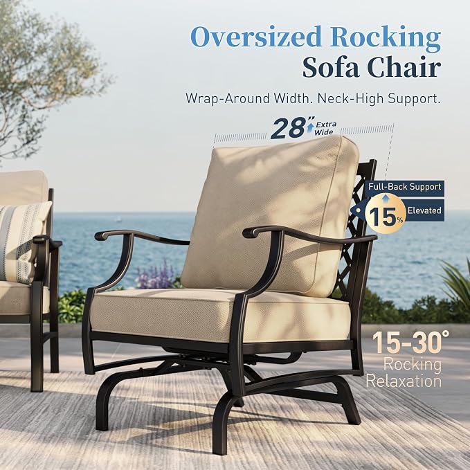 SUNSHINE VALLEY Patio Furniture Set with Firepit Table, 4 Piece Metal Outdoor Patio Furniture, 2 Rocking Chairs and 3 Seater Sofa with 5.75" Extra Thick Cushion and Gas Firepit Table for Backyard Deck