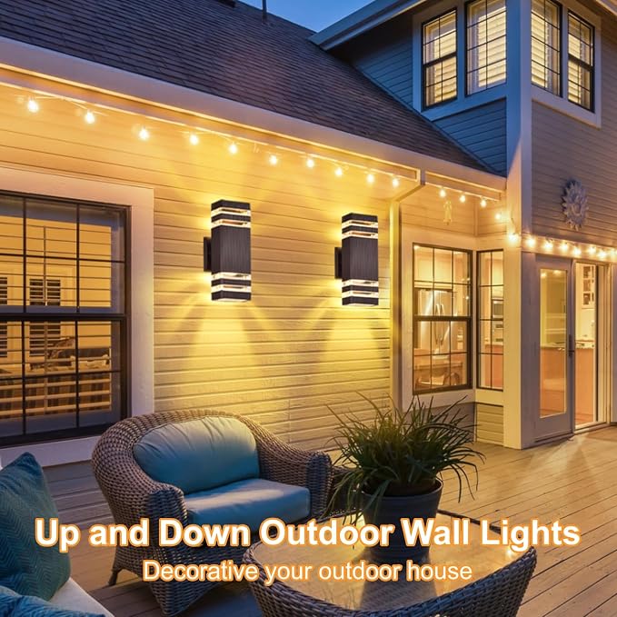 DASTOR 4 Pack Outdoor Wall Lights, Brown Exterior Lighting Fixtures Wall Mount, 2-Layer Modern Outdside Lights for House, Up and Down Outdoor Sconce Lights for Porch Patio Garage