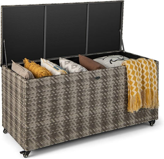 HAPPYGRILL PE Wicker Outdoor Deck Box, 96 Gallon Storage Box with 4 Wheels and Liner, 2-in-1 Multifunctional Storage Box for Patio Furniture Cushions Garden Tools Pool Accessories