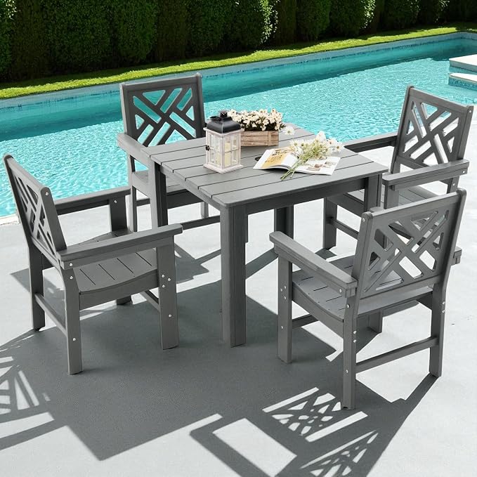 HDPE Outdoor Dining Set,5-Piece Outdoor Table and Chairs Include 4 Armchair Chairs and 35.5" Square Patio Dining Table with Umbrella Hole (Gray)